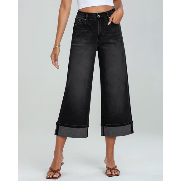 Wide Leg Jeans Women High Waisted Denim Crop Pants Casual Baggy Comfort - Picture 2 of 7